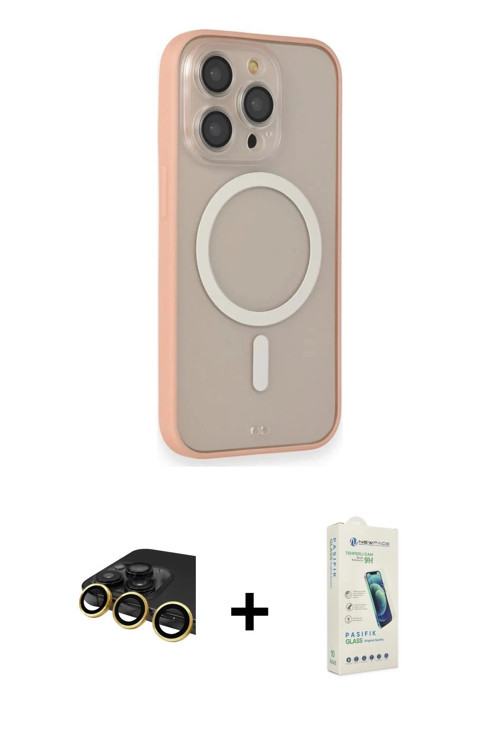 ieg™ iPhone 14 Pro Kılıf Siluet Işık Koleksiyonu - Şeffaf Pasifik Cam Ekran Koruyucu + Gold Raze Met