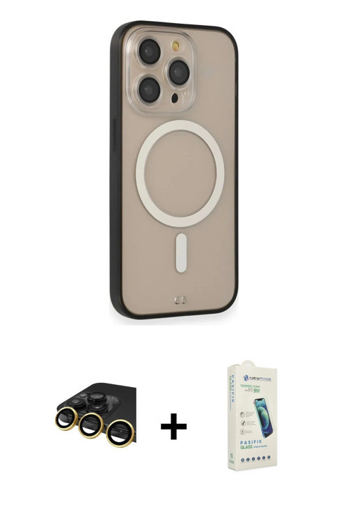 ieg™ iPhone 14 Pro Kılıf Siluet Işık Koleksiyonu - Şeffaf Pasifik Cam Ekran Koruyucu + Gold Raze Met