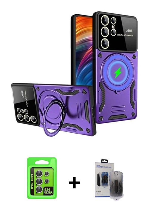 ieg™ Galaxy S24 Ultra Kılıf Kıvılcım Modern Serisi - Siyah Vanessa Magic Hayalet Cam + Gümüş Raze Me