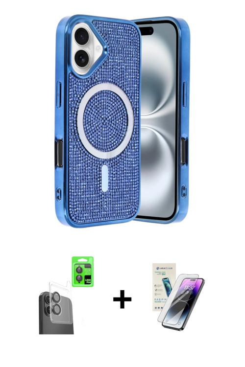 ieg™ iPhone 16 Kılıf Eksen Çizgi - Şeffaf Pasifik Cam Ekran Koruyucu + Siyah Raze Metal Kamera Lens