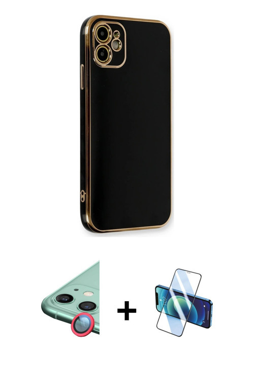 ieg™ iPhone 11 Kılıf Yankı Serisi - Siyah 3D Antistatik Cam Ekran Koruyucu + Kırmızı Raze Metal Kame