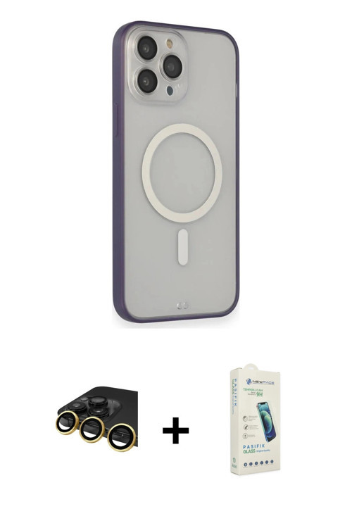 ieg™ iPhone 14 Pro Kılıf Siluet Işık Koleksiyonu - Şeffaf Pasifik Cam Ekran Koruyucu + Gold Raze Met