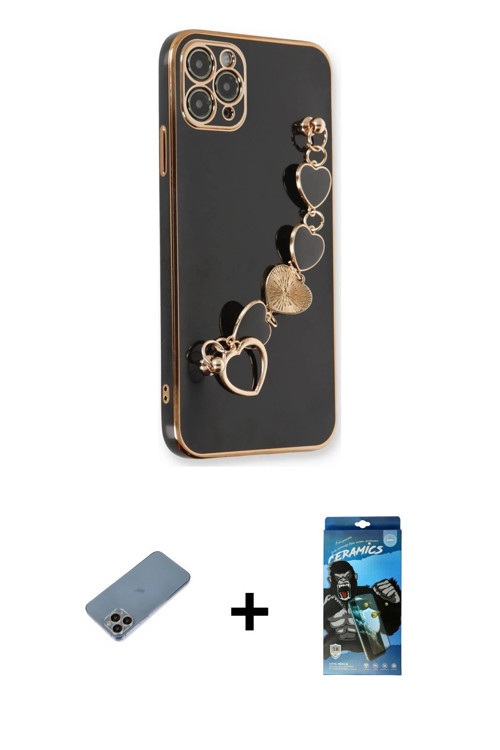 ieg™ iPhone 11 Pro Max Kılıf Nova Işık Prime - Siyah 34D Izgaralı Cam + Gökkuşağı Shine Kamera Lens