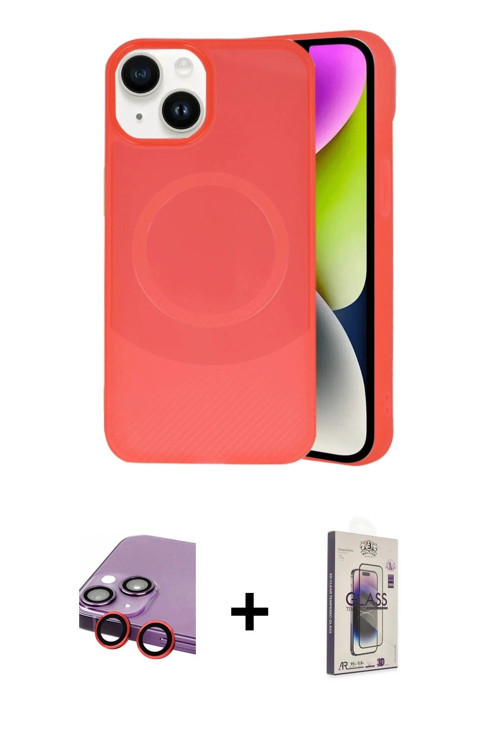 ieg™ iPhone 14 Kılıf Ufuk Serisi - Siyah Bilvis 3D Cam Ekran Koruyucu + Kırmızı Raze Metal Kamera Le