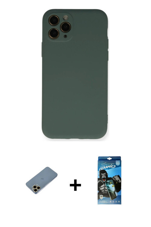 ieg™ iPhone 11 Pro Kılıf Ahenk Serisi - Siyah 34D Izgaralı Cam + Gold Shine Kamera Lens Koruma Cam