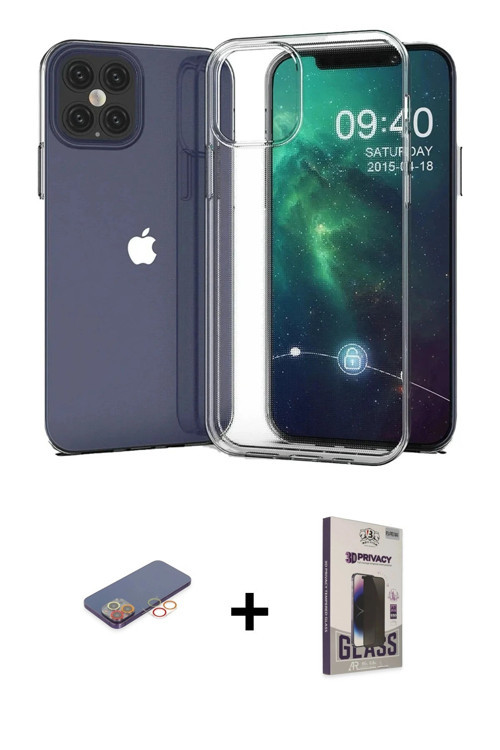 ieg™ iPhone 12 Pro Max Kılıf Zirve Doku - Siyah Bilvis Hayalet Cam Ekran Koruyucu + Turuncu Renkli K