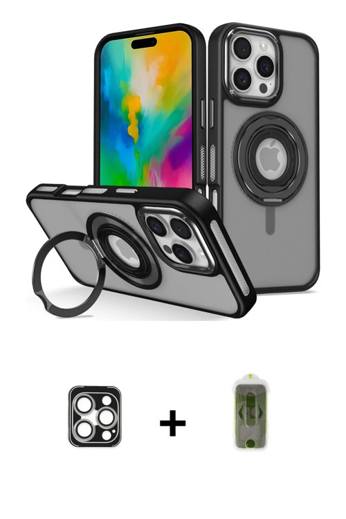 ieg™ iPhone 16 Pro Max Kılıf Nova Minimal Serisi - Siyah Joko Magic 5D Hayalet Cam + Gümüş PVD Metal