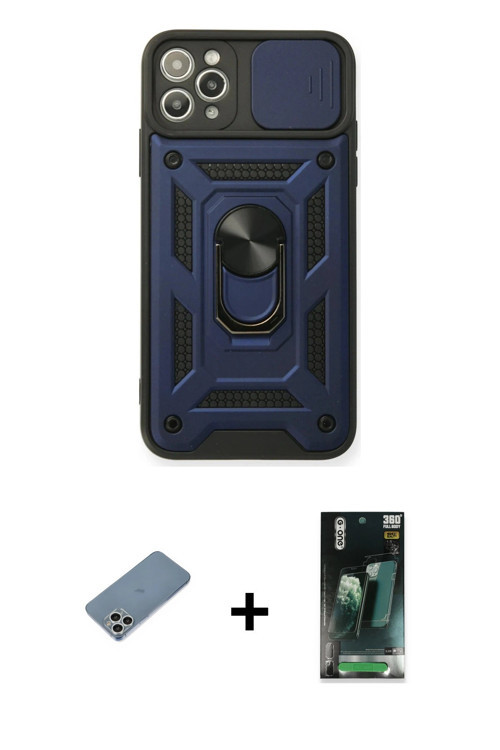 ieg™ iPhone 11 Pro Max Kılıf Ahenk Klasik - Şeffaf 360 Full Body Arka Koruyucu + Gümüş Shine Kamera