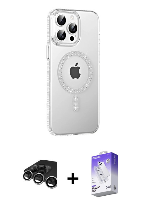 ieg™ iPhone 15 Pro Max Kılıf Yörünge Koleksiyonu - Siyah Bilvis 5in1 3D Magic Cam Ekran Koruyucu + G