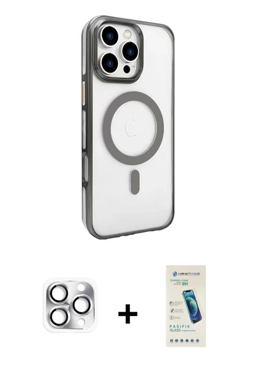 ieg™ iPhone 16 Pro Max Kılıf Doruk Doku Özel Seri - Şeffaf Pasifik Cam Ekran Koruyucu + Gümüş Pers A