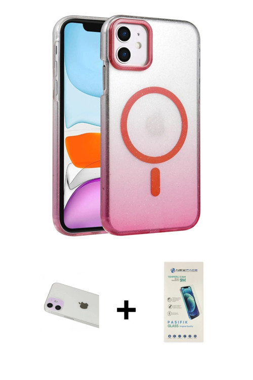 ieg™ iPhone 12 Kılıf Ahenk Doku Özel Seri - Şeffaf Pasifik Cam Ekran Koruyucu + Mor Rainbow Kamera L