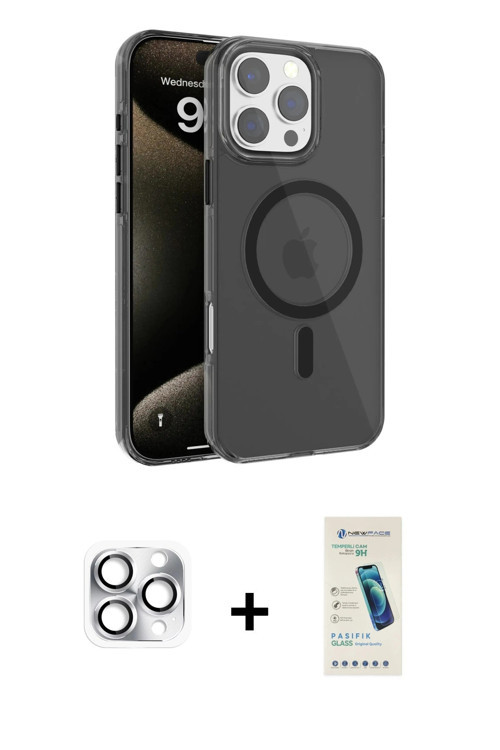 ieg™ iPhone 16 Pro Max Kılıf Doruk Doku Özel Seri - Şeffaf Pasifik Cam Ekran Koruyucu + Gümüş Pers A