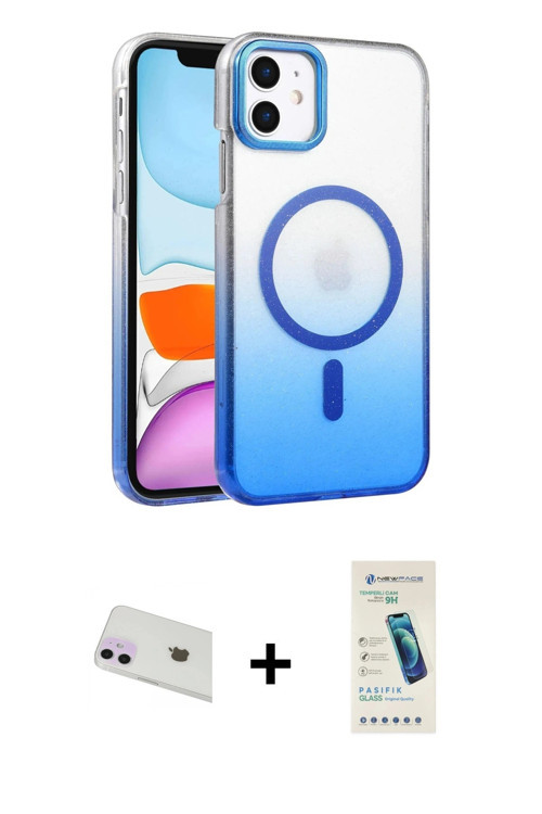 ieg™ iPhone 12 Kılıf Ahenk Doku Özel Seri - Şeffaf Pasifik Cam Ekran Koruyucu + Mor Rainbow Kamera L