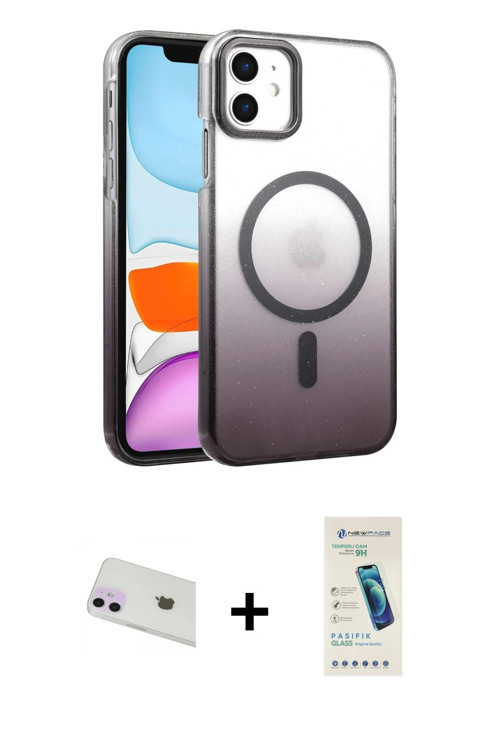 ieg™ iPhone 12 Kılıf Ahenk Doku Özel Seri - Şeffaf Pasifik Cam Ekran Koruyucu + Mor Rainbow Kamera L