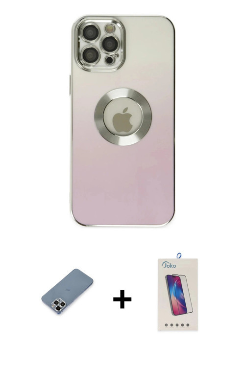 ieg™ iPhone 12 Pro Max Kılıf Kutup Yansıma Özel Seri - Siyah Joko 5D Cam + Gümüş Metal Kamera Lens K