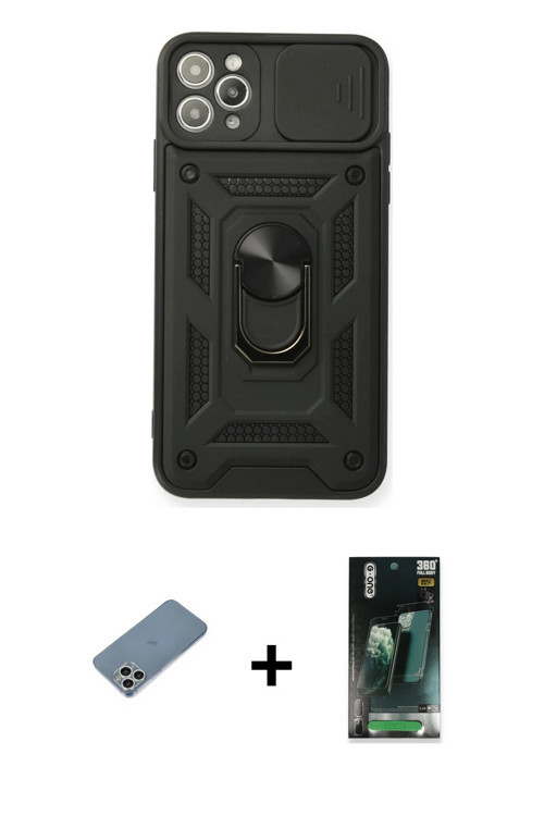 ieg™ iPhone 11 Pro Max Kılıf Ahenk Klasik - Şeffaf 360 Full Body Arka Koruyucu + Gümüş Shine Kamera