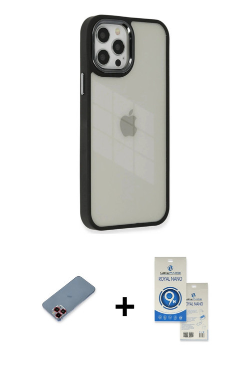 ieg™ iPhone 12 Pro Max Kılıf Eksen Doku Prime - Şeffaf Royal Nano Ekran Koruyucu + Kırmızı Metal Kam