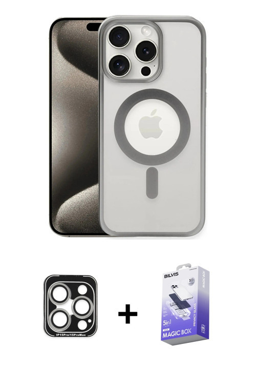 ieg™ iPhone 15 Pro Max Kılıf Siluet Çizgi Serisi - Siyah Bilvis 5in1 5D Magic Hayalet Cam Ekran Koru