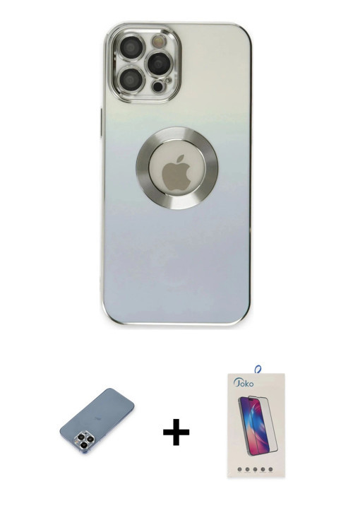 ieg™ iPhone 12 Pro Max Kılıf Kutup Yansıma Özel Seri - Siyah Joko 5D Cam + Gümüş Metal Kamera Lens K