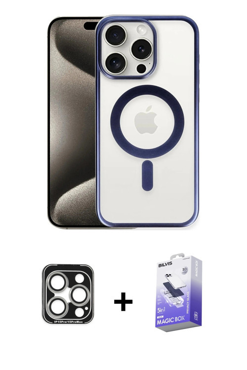 ieg™ iPhone 15 Pro Max Kılıf Siluet Çizgi Serisi - Siyah Bilvis 5in1 5D Magic Hayalet Cam Ekran Koru