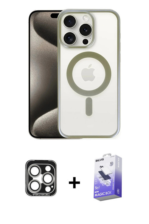 ieg™ iPhone 15 Pro Max Kılıf Siluet Çizgi Serisi - Siyah Bilvis 5in1 5D Magic Hayalet Cam Ekran Koru