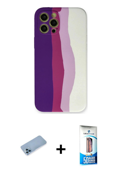 ieg™ iPhone 12 Pro Max Kılıf Yadigar Çizgi - Siyah 5D Eko Cam Ekran Koruyucu + Mavi Shine Kamera Len