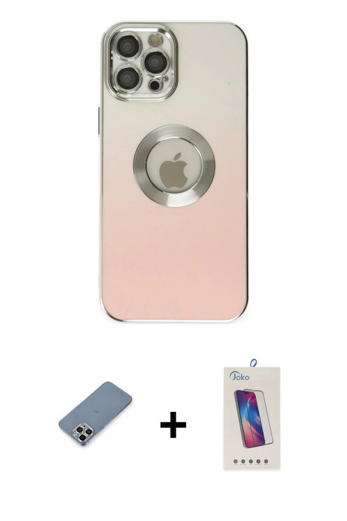 ieg™ iPhone 12 Pro Max Kılıf Kutup Yansıma Özel Seri - Siyah Joko 5D Cam + Gümüş Metal Kamera Lens K