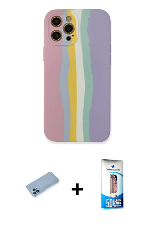 ieg™ iPhone 12 Pro Max Kılıf Yadigar Çizgi - Siyah 5D Eko Cam Ekran Koruyucu + Mavi Shine Kamera Len