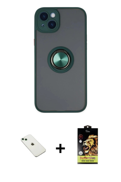 ieg™ iPhone 14 Kılıf Yörünge Çizgi - Siyah Buffer Cam Ekran Koruyucu + Yeşil Diamond Kamera Lens