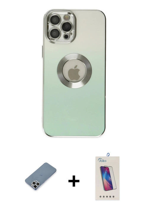 ieg™ iPhone 12 Pro Max Kılıf Kutup Yansıma Özel Seri - Siyah Joko 5D Cam + Gümüş Metal Kamera Lens K