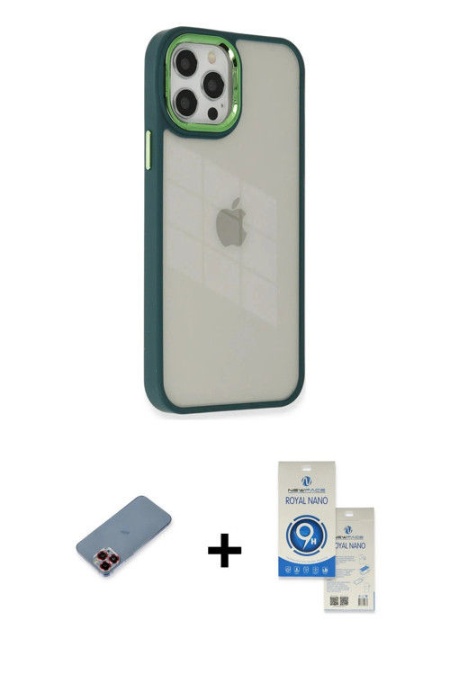 ieg™ iPhone 12 Pro Max Kılıf Eksen Doku Prime - Şeffaf Royal Nano Ekran Koruyucu + Kırmızı Metal Kam