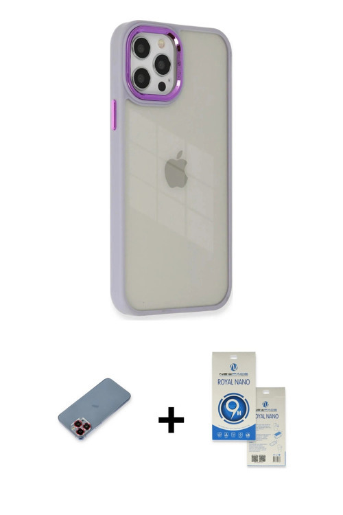 ieg™ iPhone 12 Pro Max Kılıf Eksen Doku Prime - Şeffaf Royal Nano Ekran Koruyucu + Kırmızı Metal Kam