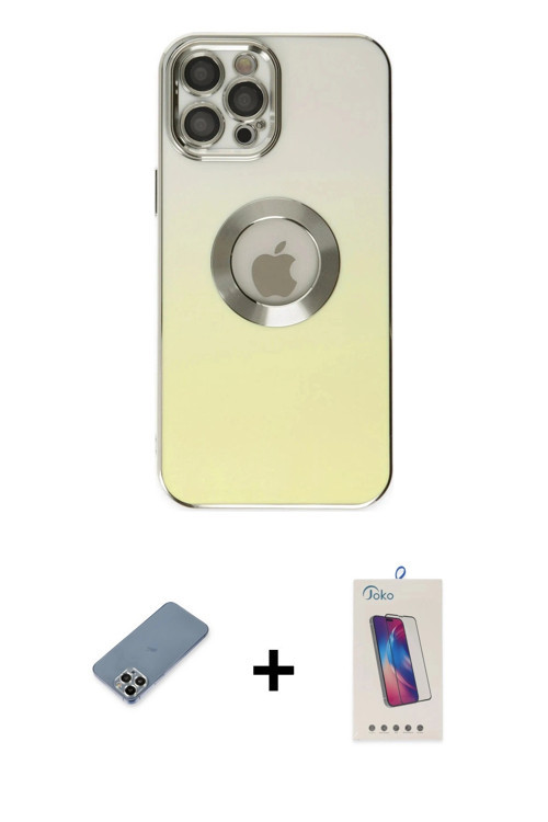 ieg™ iPhone 12 Pro Max Kılıf Kutup Yansıma Özel Seri - Siyah Joko 5D Cam + Gümüş Metal Kamera Lens K