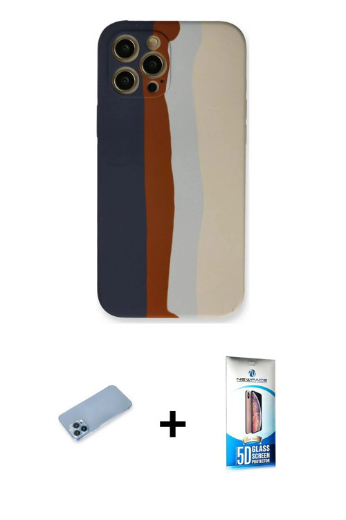 ieg™ iPhone 12 Pro Max Kılıf Yadigar Çizgi - Siyah 5D Eko Cam Ekran Koruyucu + Mavi Shine Kamera Len