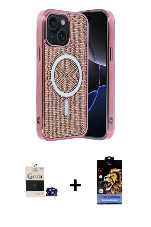 ieg™ iPhone 15 Kılıf Eksen Çizgi - Siyah Buffer Hayalet Cam Ekran Koruyucu + Pembe Bilvis Titan Kame