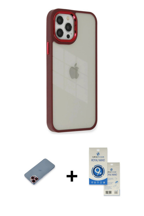 ieg™ iPhone 12 Pro Max Kılıf Eksen Doku Prime - Şeffaf Royal Nano Ekran Koruyucu + Kırmızı Metal Kam