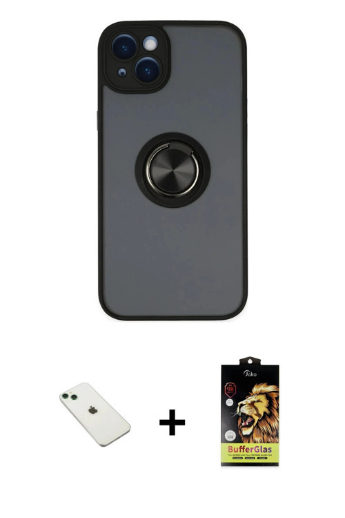 ieg™ iPhone 14 Kılıf Yörünge Çizgi - Siyah Buffer Cam Ekran Koruyucu + Yeşil Diamond Kamera Lens