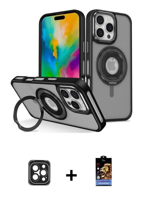 ieg™ iPhone 16 Pro Max Kılıf Nova Minimal Serisi - Siyah Buffer Hayalet Cam Ekran Koruyucu + Siyah P