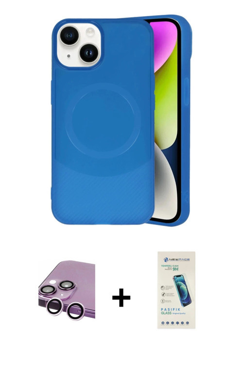 ieg™ iPhone 14 Kılıf Ufuk Serisi - Şeffaf Pasifik Cam Ekran Koruyucu + Mor Raze Metal Kamera Lens