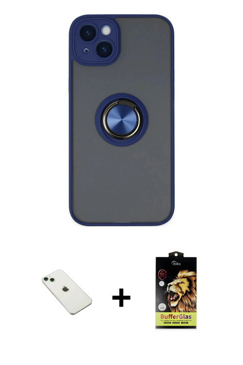 ieg™ iPhone 14 Kılıf Yörünge Çizgi - Siyah Buffer Cam Ekran Koruyucu + Yeşil Diamond Kamera Lens