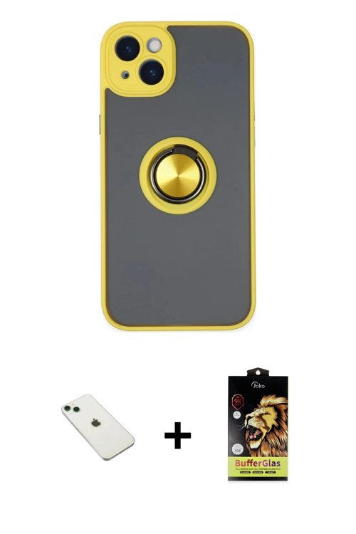 ieg™ iPhone 14 Kılıf Yörünge Çizgi - Siyah Buffer Cam Ekran Koruyucu + Yeşil Diamond Kamera Lens