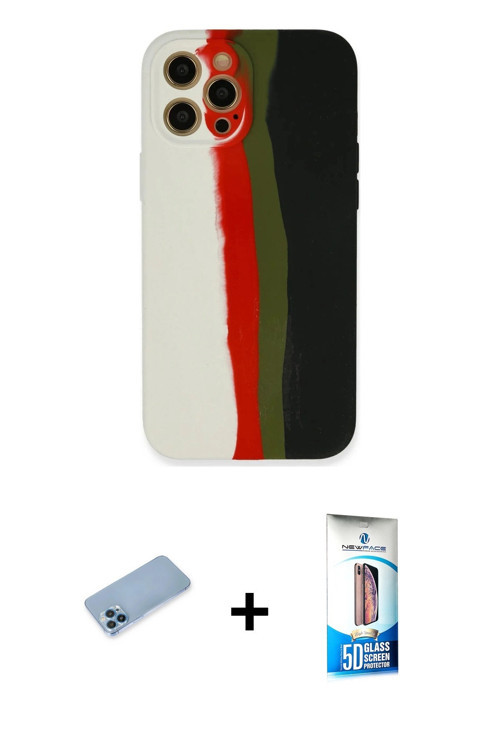 ieg™ iPhone 12 Pro Max Kılıf Yadigar Çizgi - Siyah 5D Eko Cam Ekran Koruyucu + Mavi Shine Kamera Len