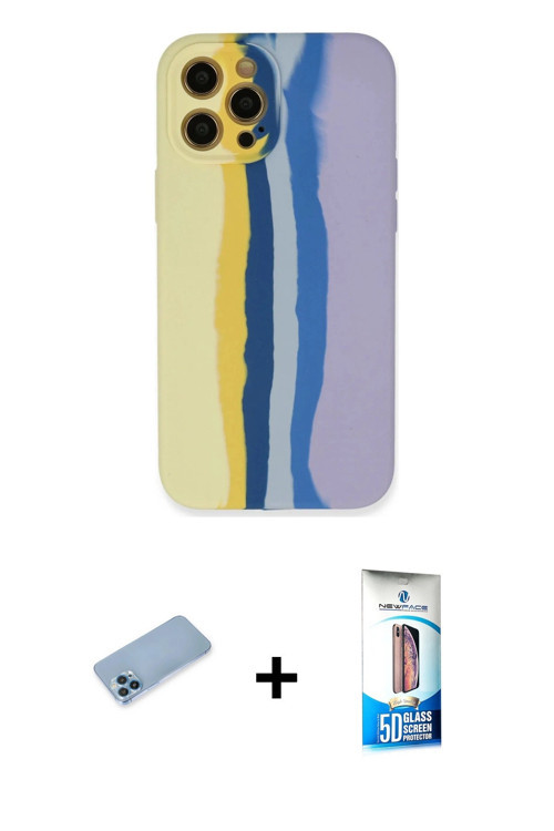 ieg™ iPhone 12 Pro Max Kılıf Yadigar Çizgi - Siyah 5D Eko Cam Ekran Koruyucu + Mavi Shine Kamera Len