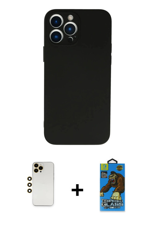 ieg™ iPhone 13 Pro Max Kılıf Ahenk Serisi - Siyah 18D Cam Ekran Koruyucu + Gold Shine Kamera Lens