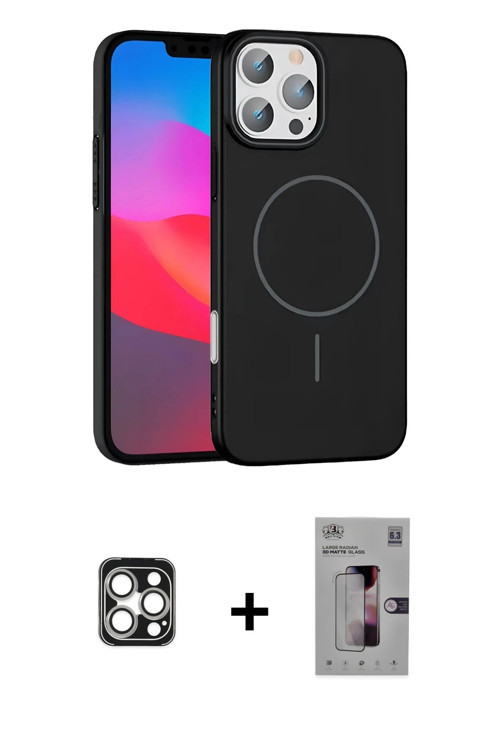 ieg™ iPhone 16 Pro Max Kılıf Siluet Doku Özel Seri - Siyah Bilvis 3D Mat Cam Ekran Koruyucu + Gümüş
