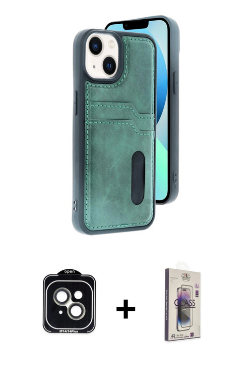 ieg™ iPhone 14 Kılıf Yörünge Işık Serisi - Siyah Bilvis 3D Cam Ekran Koruyucu + Yeşil PVD Metal Kame