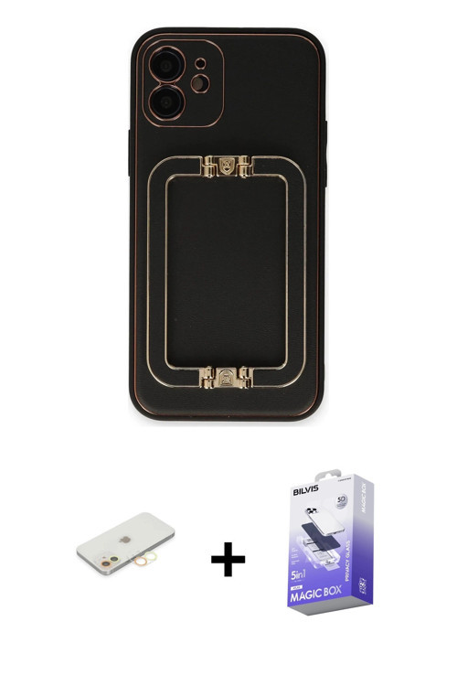 ieg™ iPhone 12 Kılıf Kozmos Minimal Prime - Siyah Bilvis 5in1 5D Magic Hayalet Cam Ekran Koruyucu +