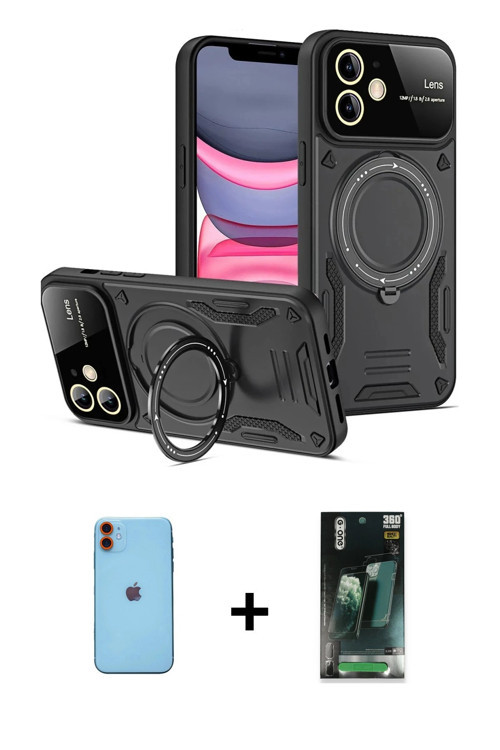 ieg™ iPhone 11 Kılıf Kıvılcım Modern Serisi - Siyah 360 Mat Full Body Arka Koruyucu + Turuncu Neon F