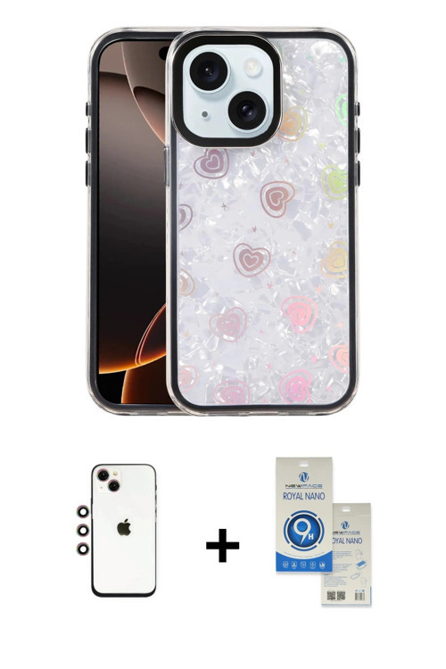 ieg™ iPhone 14 Kılıf Odak Prime - Şeffaf Royal Nano Ekran Koruyucu + Gökkuşağı Shine Kamera Lens