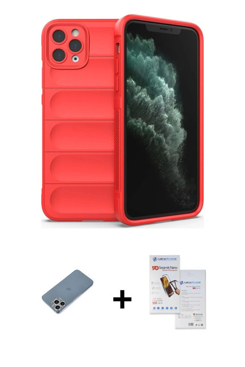 ieg™ iPhone 11 Pro Max Kılıf Atlas Koleksiyonu - Siyah Seramik Nano Ekran Koruyucu + Gümüş Shine Kam